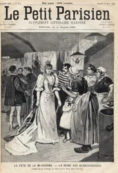 Anprobe im Atelier am Vorabend des Mi-Carême-Festes: die Königin der Bleichmittel. In der Zeitung „Le Petit Parisien“ am 12.03.1893 (Gravur)
