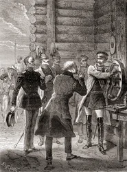 Zar Nikolaus I. eröffnet die Semaphor-Telegraphenlinie zwischen Moskau und Warschau im Jahr 1833, unter Verwendung einer Modifikation des Semaphorsystems von Claude Chappe, aus Les Merveilles de la Science, veröffentlicht um 1870 (Gravur)