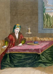 Türkische Frau spinnt Faden, ca. 1708