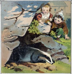 Zwei Kinder beobachten einen Dachs in seinem Bau. Chromolithographie aus „Kindheitsszenen“, ed. Guerin - Muller um 1885.