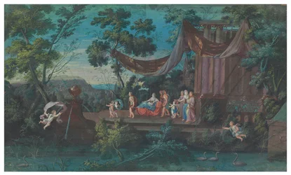 Zwei Fächerblätter: Das pompöse Karussell der galanten Amazonen aus den vier Teilen der Welt; und Prozession, die einen Tempel verlässt, begleitet von Putti, zweite Hälfte des 17. Jahrhunderts
