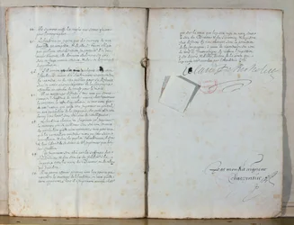 Zwei Seiten aus den Statuten der Französischen Akademie, 1635