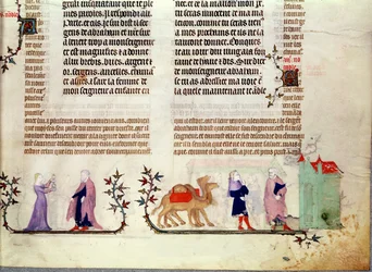 Zwei Szenen aus der Geschichte von Rebecca am Brunnen, aus der Bibel von Jean de Sy, ca. 1355