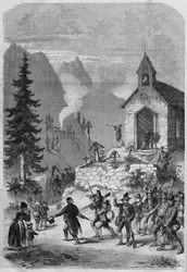 Tirol, Szene der Rückkehr der Tiroler Truppen der österreichischen Armee im Oktober 1866. Gravur.