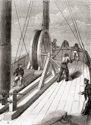Das Abwickeln des Dover-Calais-Unterseekabels an Bord der Blazer, 25. Dezember 1851, aus Les Merveilles de la Science, veröffentlicht um 1870 (Gravur)
