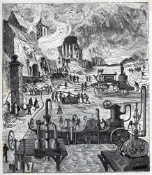 Verwendung verschiedener Pumpsysteme bei einem Brand im 19. Jahrhundert - Gravur in „Sciences mises à la portée de tous - Physik und Chemie“ von Alexis Clerc - Ende des 19. Jahrhunderts