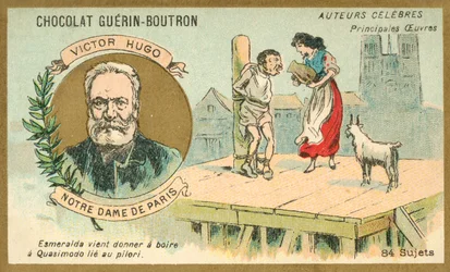 Victor Hugo, französischer Autor, und eine Szene aus seinem Roman Notre Dame de Paris
