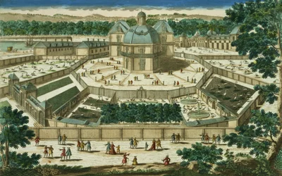 Ansicht und Perspektive des Salon de la Menagerie in Versailles, graviert von Antoine Aveline
