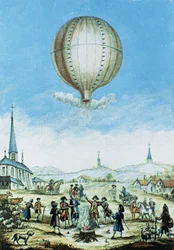Ansicht von Annonay in Vivarais und der erste Flug des Heißluftballons der Montgolfier-Brüder im Jahr 1783 (Farbstich)