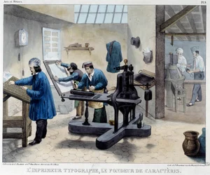 Ansicht einer Druckwerkstatt: der Typograf und der Schriftsetzer. Lithographie von Bineteau