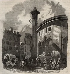 Ansicht der Halle au Blé in Paris (erbaut 1763-1769) und der Medici-Säule, Gravur Anfang des 19. Jahrhunderts - Weizen- und Maisbörse in Paris (erbaut 1763-1769), Gravur Anfang des 19. Jahrhunderts - Ansicht der Halle au Blé, platziert auf dem heutigen Hôt