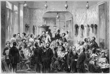 Ansicht des „Café du Levant“ in Genf, Treffpunkt für die Flüchtlinge der Pariser Kommune und der Lyoner Kommune. Von links nach rechts sind dargestellt: Masse, Sirdey, Andignous, Jules Frantz, Jules Moutils, Gaillard (Vater und Sohn), Perrare, J. Guesde, L