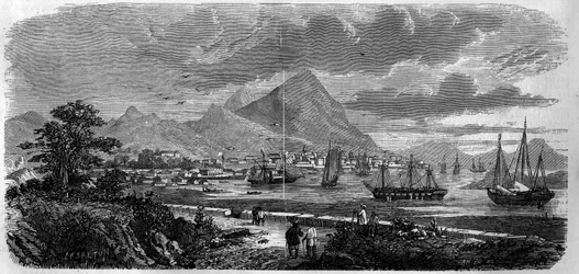 Ansicht der Stadt Hongkong (Hongkong) (Kanton-Bucht-Insel) im Jahr 1857. Gravur in „Le Monde Illustré“ Nr. 29 vom 31. Oktober 1857.