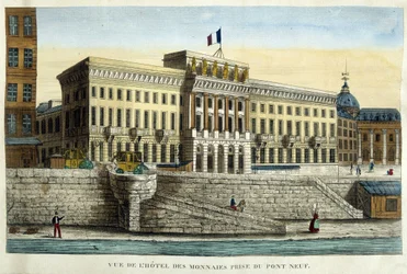 Ansicht des Hotels des Monnins vom Pont Neuf aus gesehen - Gravur, Anfang des 19. Jahrhunderts