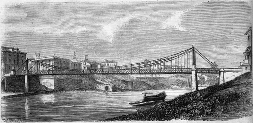 Ansicht der Sankt-Johannes-Brücke über den Tiber (Tevere) in Italien, eingeweiht 1863. Diese Stahlbrücke wurde von Alphonse Oudry (1819-1869) entworfen. Gravur in „Le Monde Illustré“ Nr. 349 vom 19. Dezember 1863.