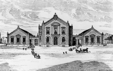 Ansicht der Schulen und des Theaters, Familisterium von Guise, aus Solutions Sociales von Jean-Baptiste Andre Godin, Paris, 1871