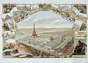 Ansicht der Weltausstellung mit den verschiedenen Pavillons und dem Eiffelturm