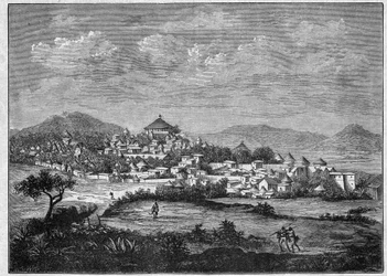 Ansicht der Stadt Adoua, Hauptstadt der Region Tigray in Äthiopien. Gravur von 1896 in „L