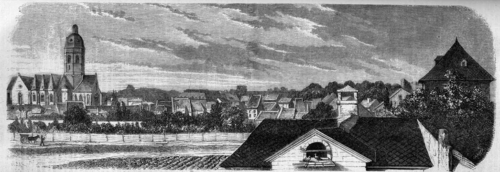 Ansicht des Stadtteils Kastrich in Mainz (Deutschland) vor der Explosion des Pulverfasses im Jahr 1857. Nach einer Fotografie. Gravur in „Le Monde Illustré“ Nr. 36 vom 19. Dezember 1857