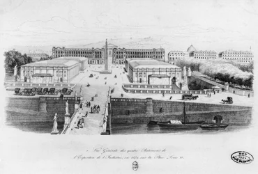 Ansicht der vier Gebäude der Industrieausstellung in Paris, Place Louis XV, 1834