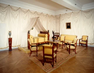 Ansicht des Zimmers von Kaiser Napoleon I. (1769-1821) im Schloss Malmaison, in Rueil-Malmaison