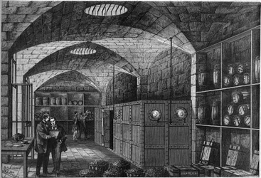 Ansicht der Straffung, die sich in den Kellern des Louvre befindet, wo das für Deutschland bestimmte Silber gelagert wird. Frankreich musste nach seiner Niederlage im Krieg von 1870 Entschädigung zahlen. Paris