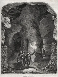 Besuch der Katakomben von Paris im 19. Jahrhundert - Gravur in „Physische, zivile und moralische Geschichte von Paris: von den ersten historischen Zeiten bis zur Gegenwart“ von Jacques Antoine Dulaure