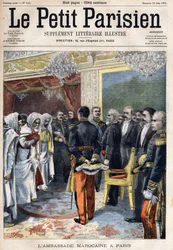 Besuch der marokkanischen Botschaft empfangen vom Präsidenten von Frankreich Emile Loubet (1838-1929) in Paris, in „Le Petit Parisien“ am 30.06.1901 (Gravur)