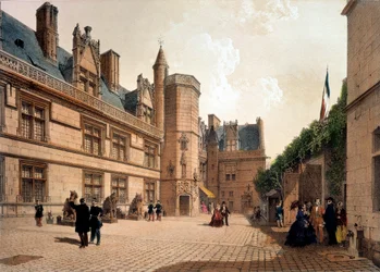 Ansicht des Hotels und des Museums von Cluny in Paris. Gravur des 19. Jahrhunderts. Paris, dekorative Künste