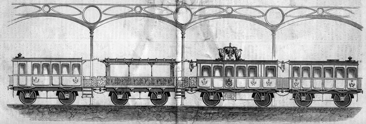 Waggons, die von Kaiser Napoleon III. (1808-1873) während der Reise von Paris nach Cherbourg im Jahr 1858 besetzt wurden. Gravur in „Le Monde Illustré“ Nr. 70 vom 14. August 1858.