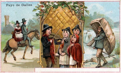 Wales, eine Werbekarte für das Getränk Chicorée à la Bergère mit Darstellungen des walisischen Lebens, ca. 1890