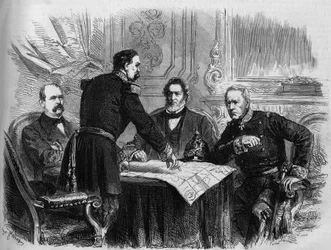 Krieg von 1870 - Belagerung von Paris: Unterzeichnung des Waffenstillstands zwischen den französischen und preußischen Vertretern nach der Kapitulation von Paris, 28. Januar 1871. Von links nach rechts: Otto von Bismarck (1815-1898), Horix de Valdan (1810-