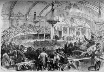 Krieg von 1870 - Parlamentswahl während des Waffenstillstands - Februar 1871: Wahlversammlung im Cabaret des Folies Bergeres in Paris zur Proklamation der Kandidaten für die Nationalversammlung. Gravur in „Le Monde Illustré“ Nr. 722 vom 11. Februar 1871