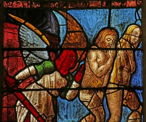 Fenster mit Adam und Eva, die aus Eden vertrieben werden