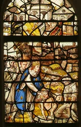 Fenster, das den Heiligen Ludwig beim Begraben der Toten darstellt