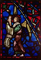 Fenster, das einen Engel zeigt, der eine Seele zu Gott dem Vater bringt, Ile de France Werkstatt