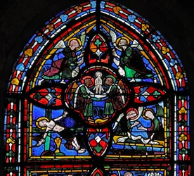 Fenster, Darstellung des fünften Abschnitts von w7: der Tod des Heiligen Petrus: seine Seele steigt in den Himmel auf