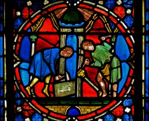 Fenster n2-C, den heiligen Austremoine beim Bau der Kirche in Issoire darstellend