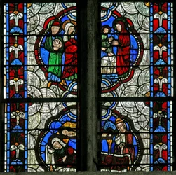 Fenster Nr. 3, Darstellung der Geburt Christi und der Darstellung im Tempel