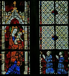 Fenster w125, das die Jungfrau Maria und zwei Stifter darstellt