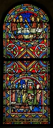 Fenster w13, im 19. Jahrhundert der Kirche geschenkt, stammen diese beiden Tafeln aus dem frühen 13. Jahrhundert und sind das älteste Glas in Chalons darstellend