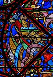 Fenster w15 Darstellung der Geschichte der Reliquien des Heiligen Stephanus: Trotz der Bemühungen der Dämonen überlebt das Schiff mit den Reliquien die Reise - andere Schiffe sinken