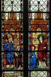 Fenster w17, das St. Nikolaus und den Stifter Oudin de Troyes darstellt; St. Anna und die Jungfrau Maria