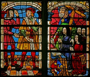 Fenster w232 zeigt eine Szene aus der Geschichte vom verlorenen Sohn: der Zorn des älteren Bruders; Frau und Töchter des Stifters, St. Simon
