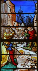 Fenster w23, St. Crepin und St. Crepinian: in den Fluss Aisne mit Mühlsteinen um den Hals geworfen darstellend