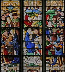 Fenster w2, das die Flucht nach Ägypten, im Tempel mit Simeon, Christus mit den Doktoren im Tempel darstellt