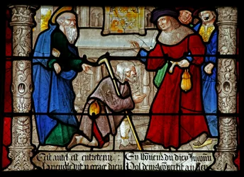 Fenster w31 zeigt eine Szene aus dem Leben von St. Denis: er heilt einen Blinden