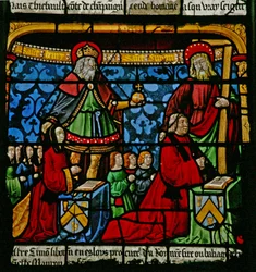 Fenster w3, Darstellung der Stifter - Henriette de Mauroy und Simon Liboron mit ihren Kindern und Schutzheiligen St. Heinrich und Simon von Kyrene