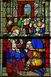 Fenster w4, das die Anbetung der Heiligen Drei Könige darstellt