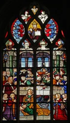 Fenster w5 mit Darstellung der Ereignisse im Haus Simons: Maria Magdalena wäscht die Füße Christi